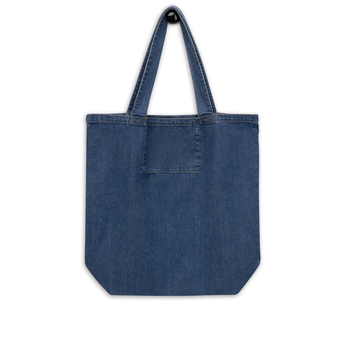Dark blue organic denim tote bag with small embroidered Two Homes One Heart design combining South African and Dutch flag colours.