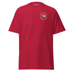 Unisex classic t-shirt with small “Dutch With An African Touch” text surrounding a heart combining South African and Dutch flag colours on the chest.