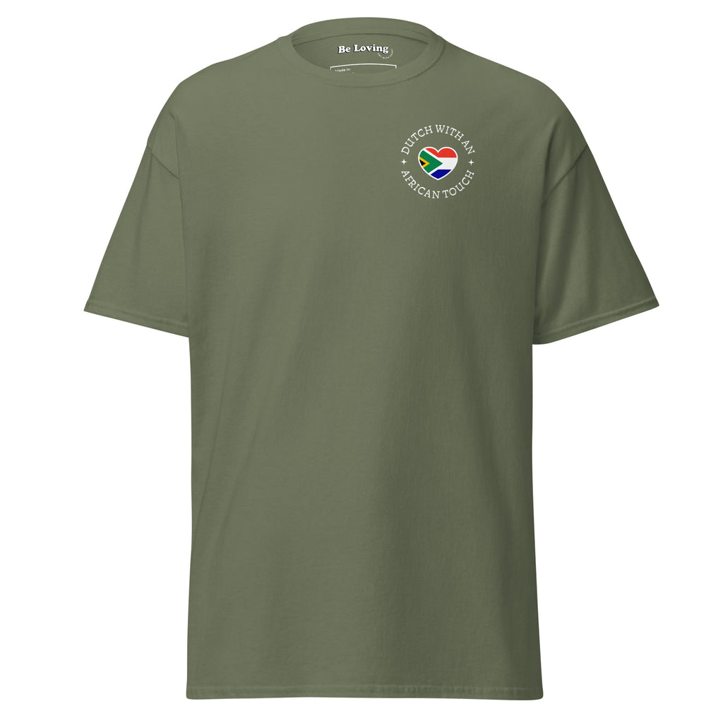 Unisex classic t-shirt with small “Dutch With An African Touch” text surrounding a heart combining South African and Dutch flag colours on the chest.