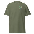 Unisex classic t-shirt with small “Dutch With An African Touch” text surrounding a heart combining South African and Dutch flag colours on the chest.