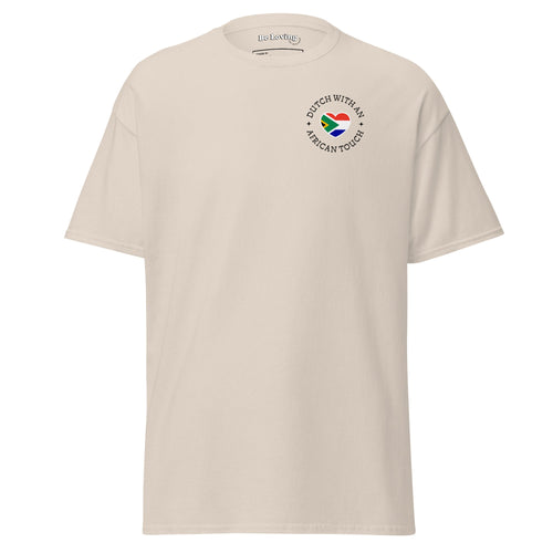 Unisex classic t-shirt with small “Dutch With An African Touch” text surrounding a heart combining South African and Dutch flag colours on the chest.