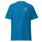Unisex classic t-shirt with small “Dutch With An African Touch” text surrounding a heart combining South African and Dutch flag colours on the chest.