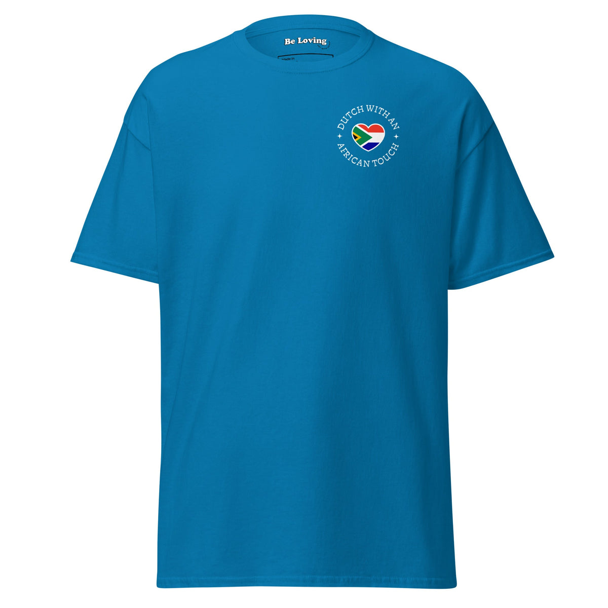Unisex classic t-shirt with small “Dutch With An African Touch” text surrounding a heart combining South African and Dutch flag colours on the chest.